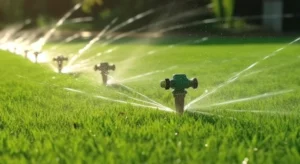Sprinkler heads spraying water across a lawn during an irrigation check