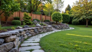 Curving stone retaining wall, flagstone path and lawn in a finished landscape