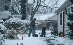 Homeowners shoveling fresh snow in front of a house
