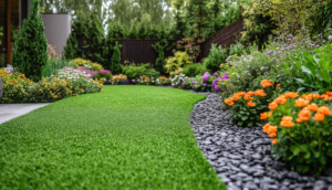 Freshly mowed lawn beside a mulched flower bed with a stone border