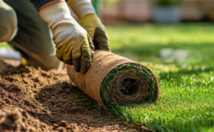 Rolls of fresh sod being laid on prepared soil