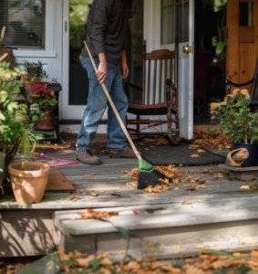 Sweeping leaves off a porch during a seasonal cleanup