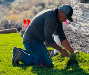 Landscaper working on a lawn during spring turf care