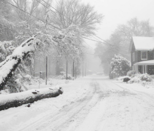 Snow-covered residential street after a storm