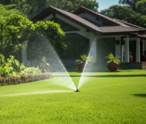 Sprinklers watering a green lawn in front of a Utah home