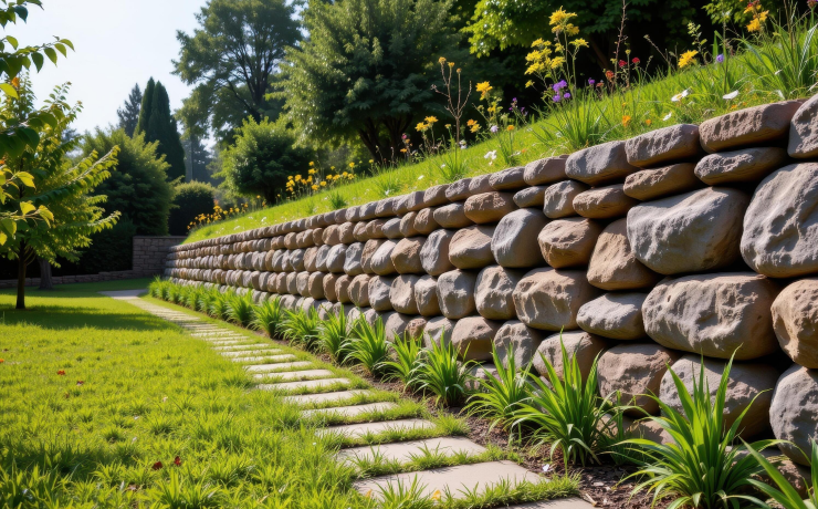 Stacked natural stone retaining wall with a stepping-stone path