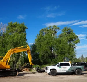 Prime Landscaping excavator and truck on an excavation job